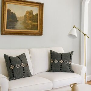 Ethan Allen Gray Cotton Hand Embroidered Felt Kuwait Throw Pillows (2) Sz. 16x16